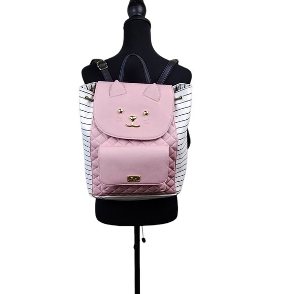 Betsey Johnson Full Size Pink Cat Backpack with Black and White Stripes - Picture 1 of 13